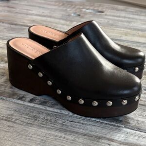 New, without box, J Crew black leather studded clogs, size 10.5